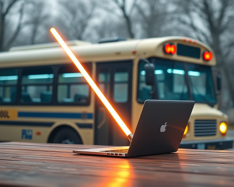 school bus, lightsaber, laptop